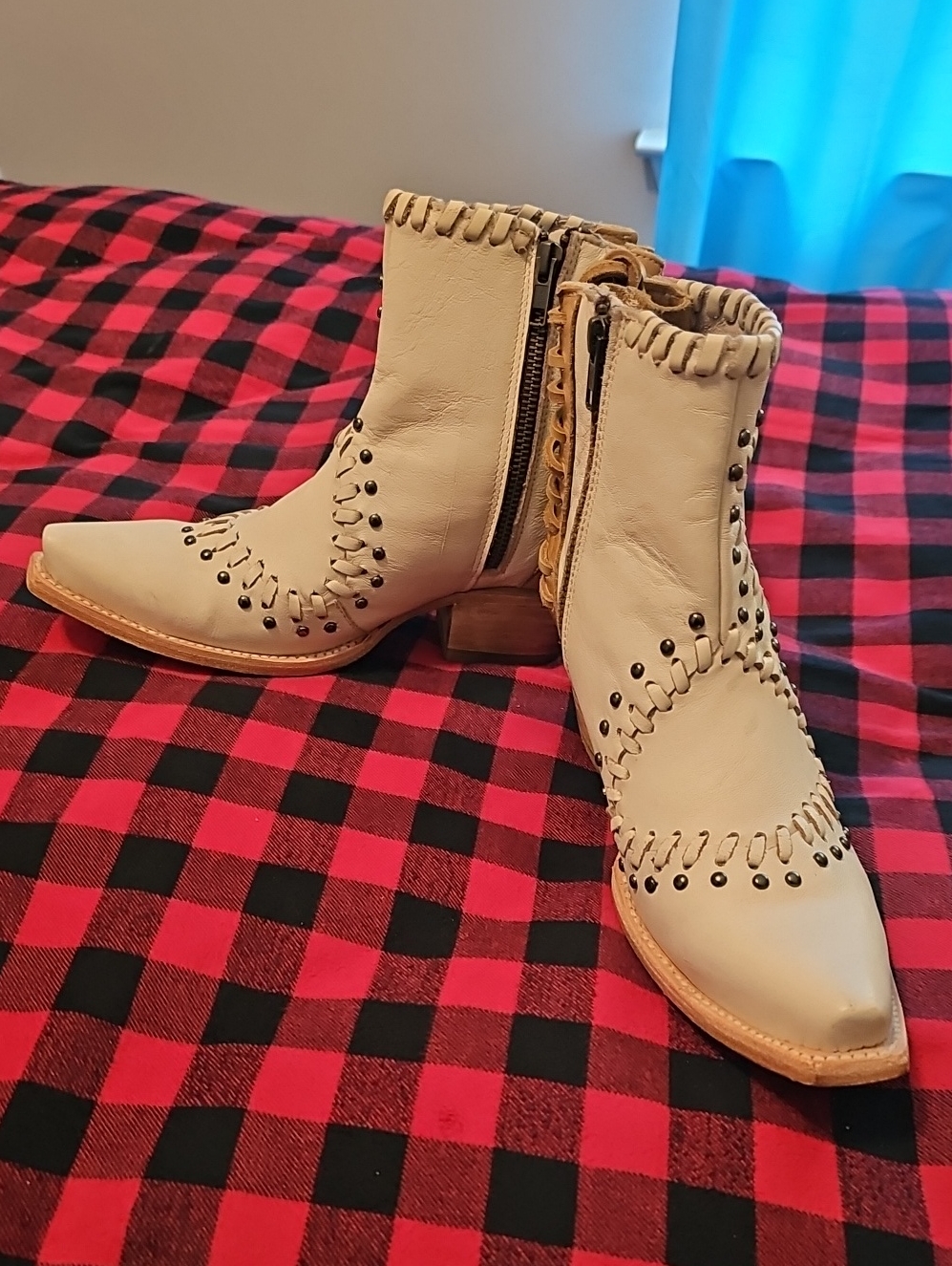 Freebird Bone Colored 'Walker' Whipstitch Studded Ankle Boots